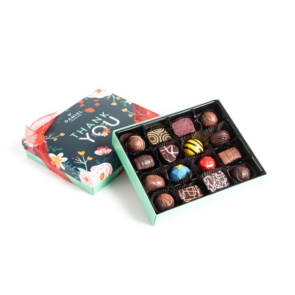 Daniel Chocolates_There is no best way to say thank you! Our 16 assorted chocolate box holds a selection of Daniel’s delightful truffles, caramels and chocolates. Pure Chocolate, Pure ingredients, More cocoa, Less sugar