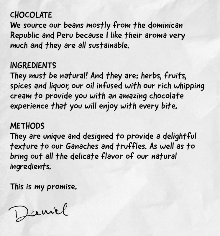Daniel Chocolates Daniel's promise all-natural chocolate