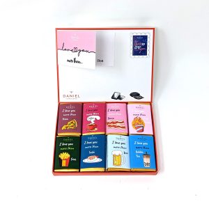Daniel Chocolates_I love you more than… Envelope gift box Envelope-style gift box with 16 mini chocolate bars. 12 Dark, 4 Milk