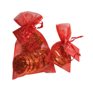 Red organza bag of with gold coins